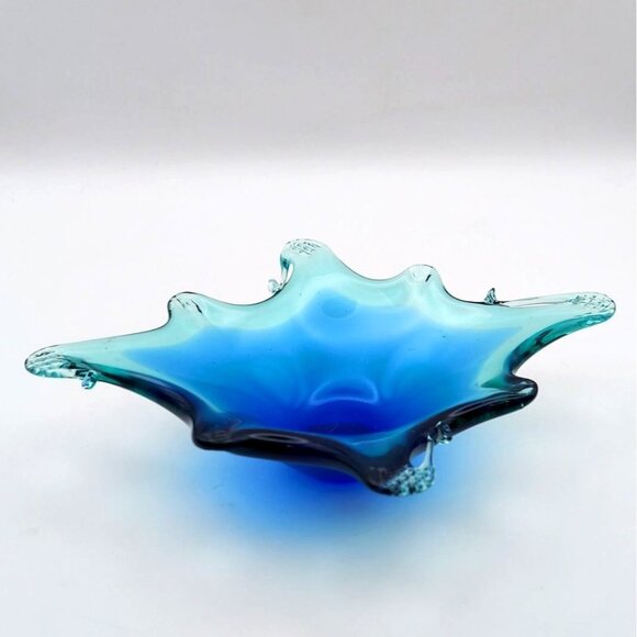 Hand Blown Murano Style Art Glass Trinket Dish Crystal Clear Blue Abstract Italy - Picture 6 of 10